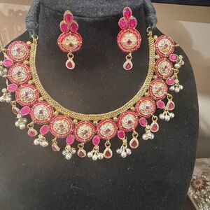 Pakistani Indian Desi Outfit Gold Ruby Pink Stone Choker Necklace & Earrings Set